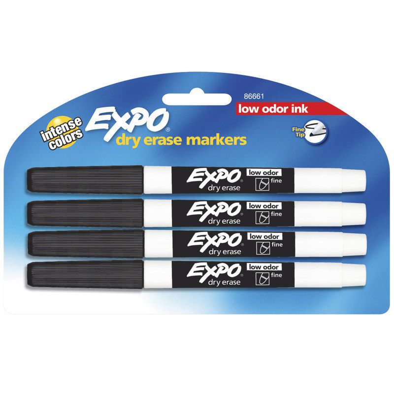 EXPO Low-Odor Dry-Erase Markers, Fine Point, Black, Pack Of 4 MPN:86661