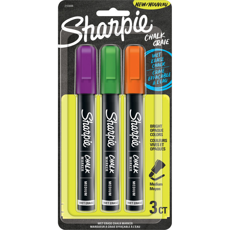 Sharpie Wet-Erase Chalk Markers, Medium Point, Opaque Barrel, Assorted Ink Colors, Pack Of 3 Markers MPN:SAN2103006