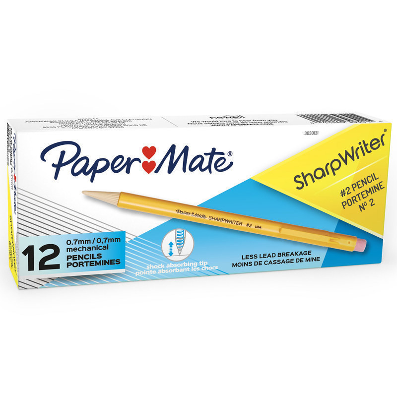 Paper Mate Sharpwriter Mechanical Pencils, 0.7mm, #2 Lead, Yellow Barrel, Pack Of 12 MPN:30301