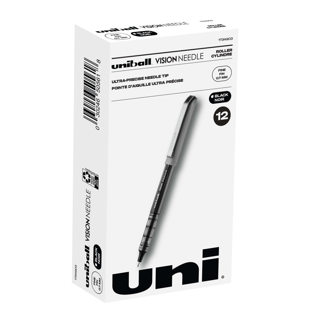 uni-ball Vision Needle Liquid Ink Rollerball Pens, Fine Point, 0.7 mm, Gray Barrel, Black Ink, Pack Of 12 MPN:1734903