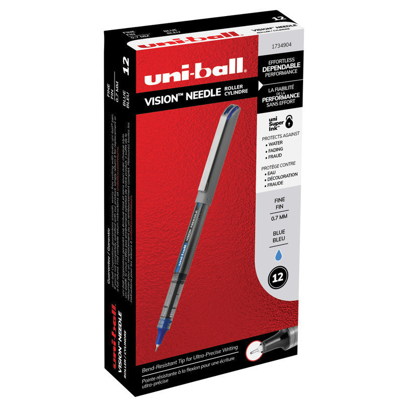 uni-ball Vision Needle Liquid Ink Rollerball Pens, Fine Point, 0.7 mm, Gray Barrel, Blue Ink, Pack Of 12 MPN:1734904