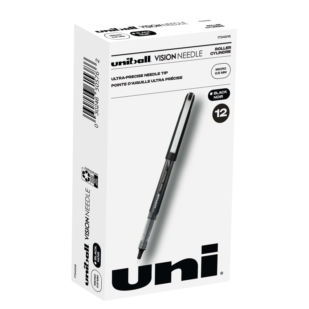 uni-ball Vision Needle Liquid Ink Rollerball Pens, Micro Point, 0.5 mm, Black Barrel, Black Ink, Pack Of 12 MPN:1734918