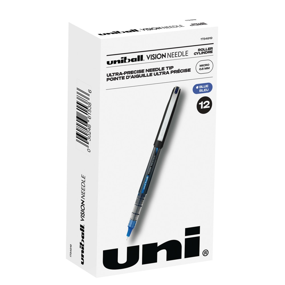 uni-ball Vision Needle Liquid Ink Rollerball Pens, Micro Point, 0.5 mm, Black Barrel, Blue Ink, Pack Of 12 MPN:1734919