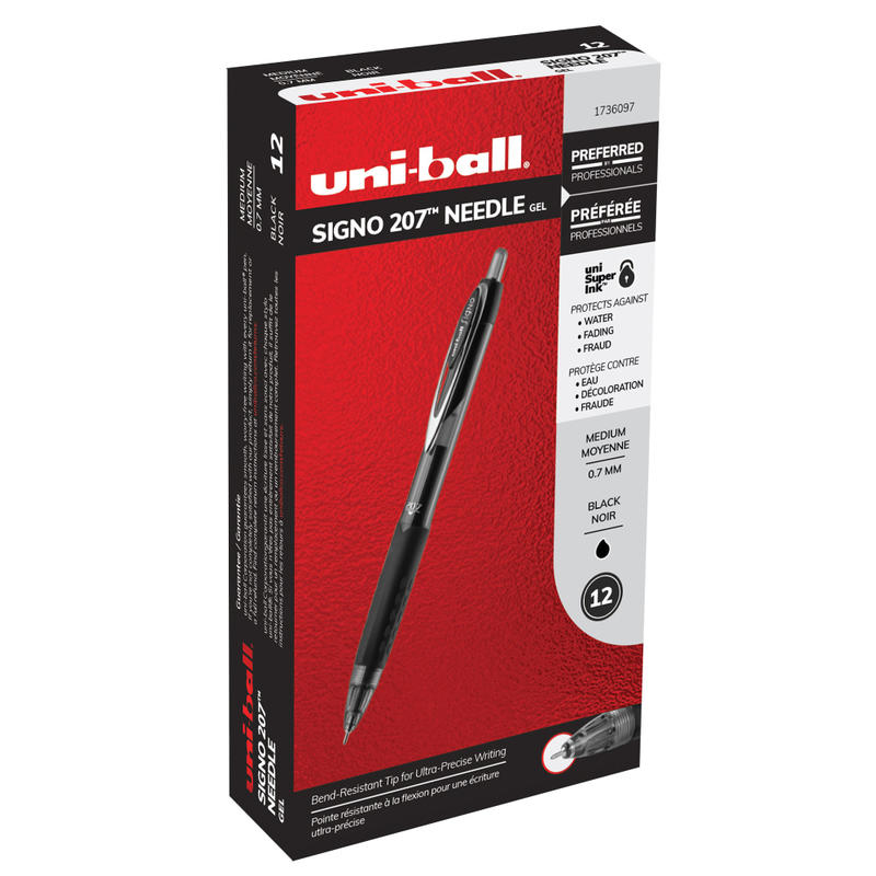 uni-ball 207 Retractable Fraud Prevention Gel Pens, Needle Point, 0.7 mm, Translucent Black Barrels, Black Ink, Pack Of 12 MPN:1736097