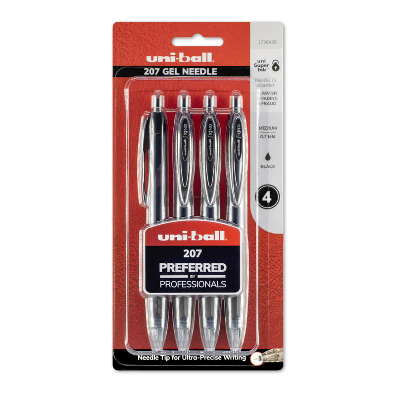 uni-ball Signo Gel 207 Retractable Gel Pens, Medium Point, 0.7 mm, Clear Barrels, Black Ink, Pack Of 4 MPN:1738430