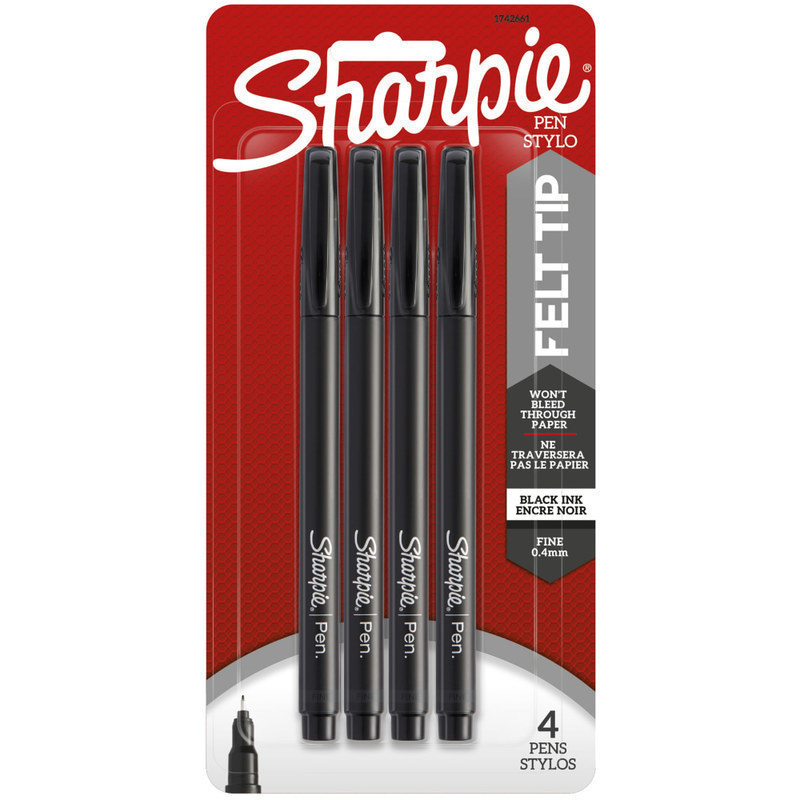 Sharpie Fine-Point Pens, Fine Point, 0.4 mm, Black Barrels, Black Ink, Pack Of 4 MPN:1742661