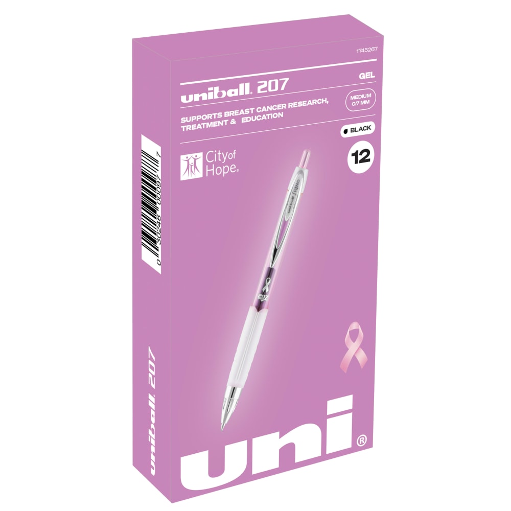 uni-ball 207 Pink Ribbon Retractable Fraud Prevention Gel Pens, Medium Point, 0.7 mm, Pink Barrels, Black Ink, Pack Of 12 MPN:1745267