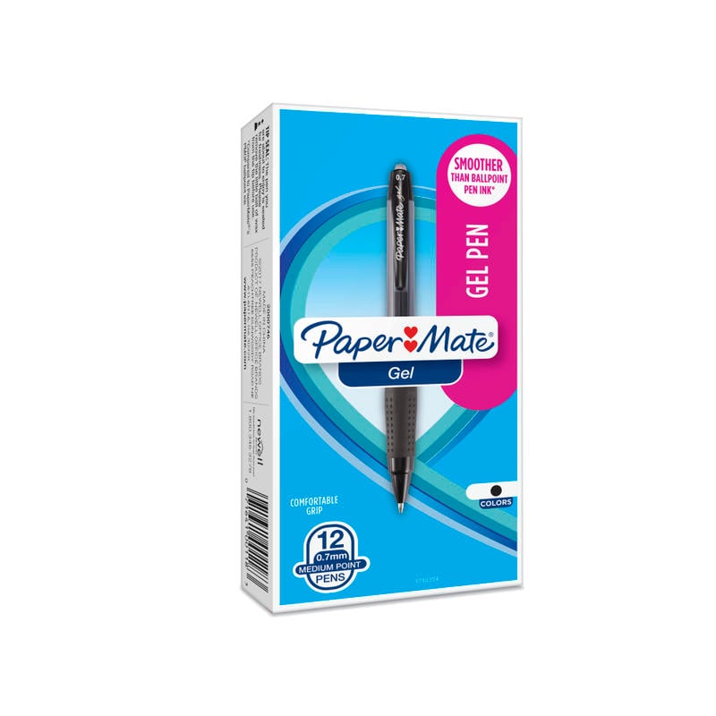 Paper Mate Retractable Gel Pens, Medium Point, 0.7 mm, Black Barrel, Black Ink, Pack Of 12 MPN:1746324