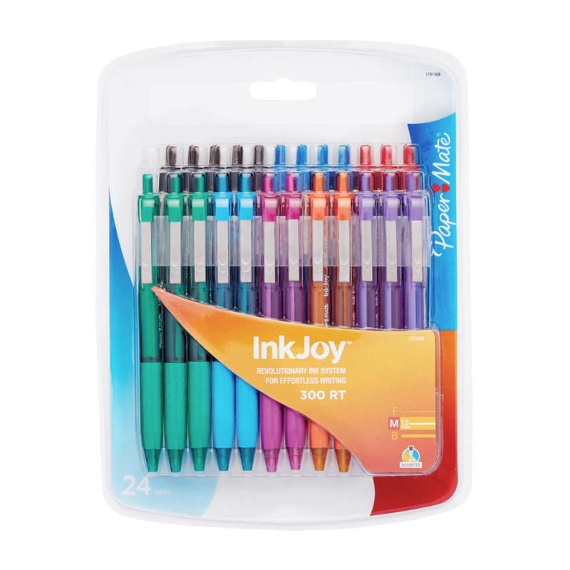 Paper Mate InkJoy 300 RT Retractable Pens, Medium Point, 1.0 mm, Clear Barrels, Assorted Ink Colors, Pack Of 24 MPN:1781568
