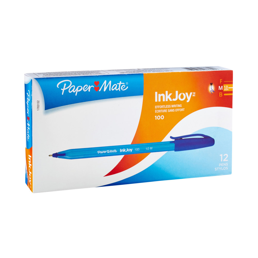 Paper Mate InkJoy 100 Stick Pens, Medium Point, 1.0 mm, Translucent Blue Barrels, Blue Ink, Pack Of 12 Pens MPN:1783152
