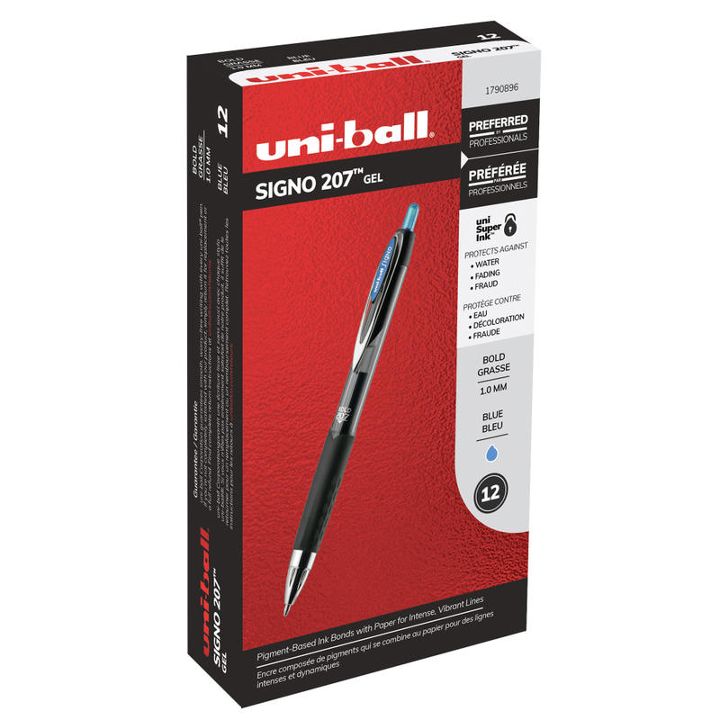uni-ball 207 Retractable Fraud Prevention Gel Pens, Bold Point, 1.0 mm, Translucent Gray Barrel, Blue Ink, Pack Of 12 MPN:1790896