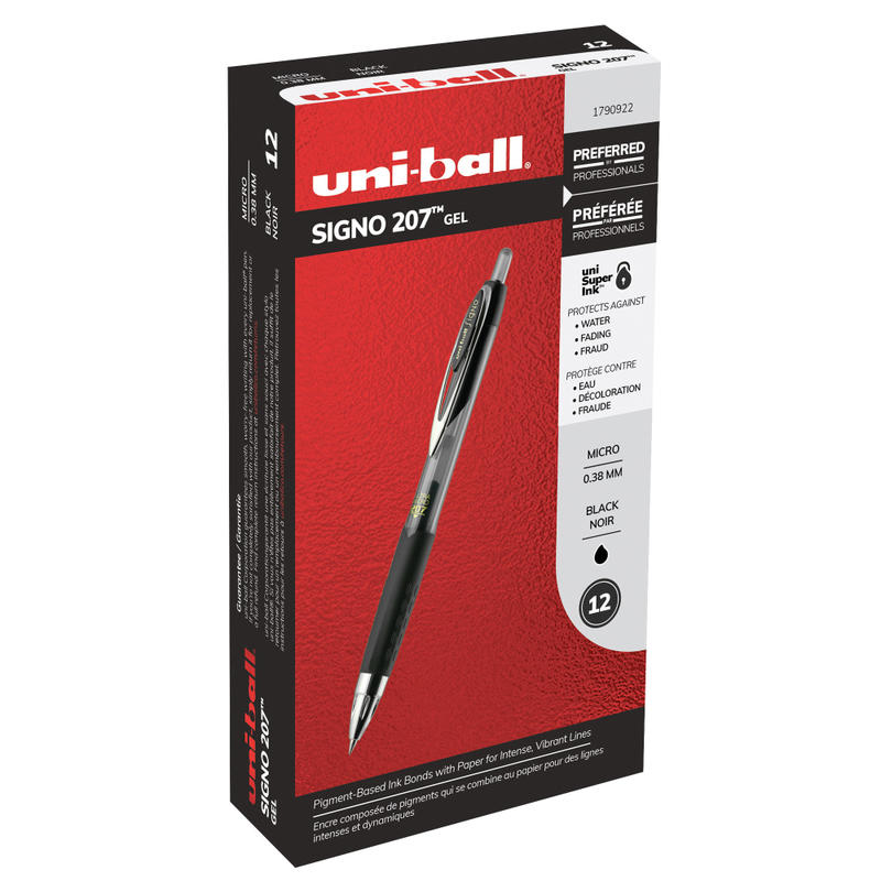 uni-ball 207 Retractable Fraud Prevention Gel Pens, Ultra Micro Point, 0.38 mm, Black Barrels, Black Ink, Pack Of 12 (Min Order Qty 5) MPN:1790922