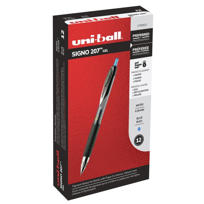 uni-ball 207 Retractable Fraud Prevention Gel Pens, Ultra Micro Point, 0.38 mm, Black Barrels, Blue Ink, Pack Of 12 (Min Order Qty 5) MPN:1790923