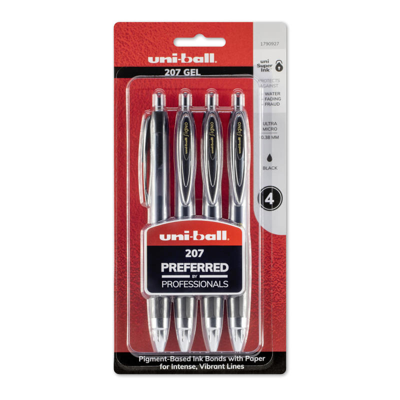 uni-ball 207 Retractable Fraud Prevention Gel Pens, Ultra Micro Point, 0.38 mm, Translucent Black Barrels, Black Ink, Pack Of 4 MPN:1790927