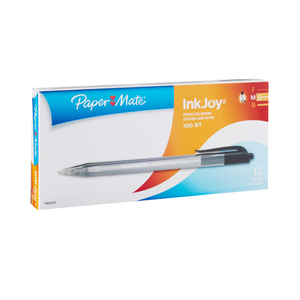 Paper Mate InkJoy 100 RT Pens, Medium Point, 1.0 mm, Translucent Black Barrels, Black Ink, Pack Of 12 MPN:1803472
