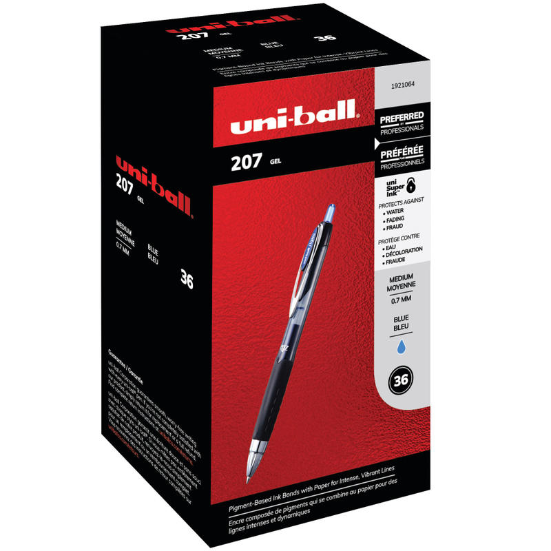 uni-ball 207 Retractable Fraud Prevention Gel Pens, Medium Point, 0.7 mm, Black Barrel, Blue Ink, Pack Of 36 MPN:1921064