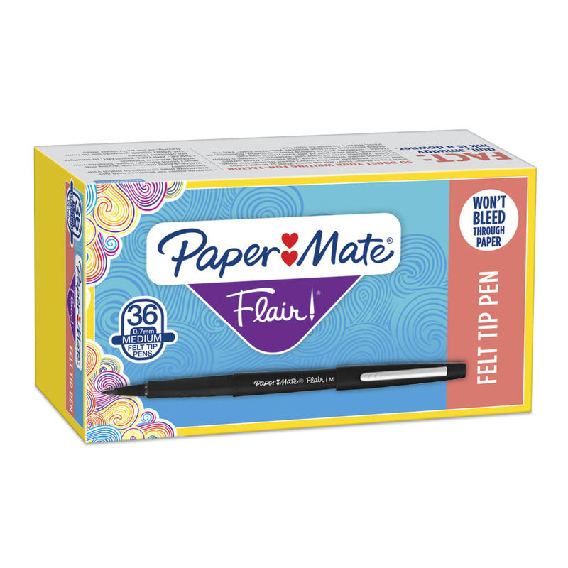 Paper Mate Flair Porous-Point Pens, Medium Point, 0.7 mm, Black Barrel, Black Ink, Pack Of 36 Pens MPN:1921070
