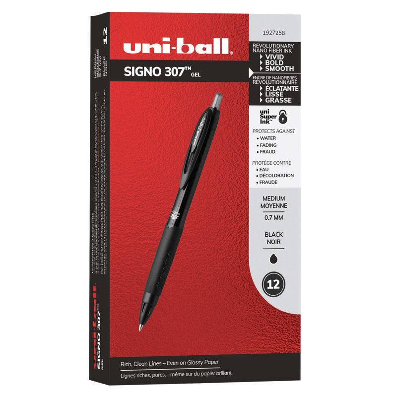 uni-ball 307 Gel Pen, Medium Point, 0.7 mm, Black Barrel, Black Ink, Pack Of 12 MPN:1927258DZ