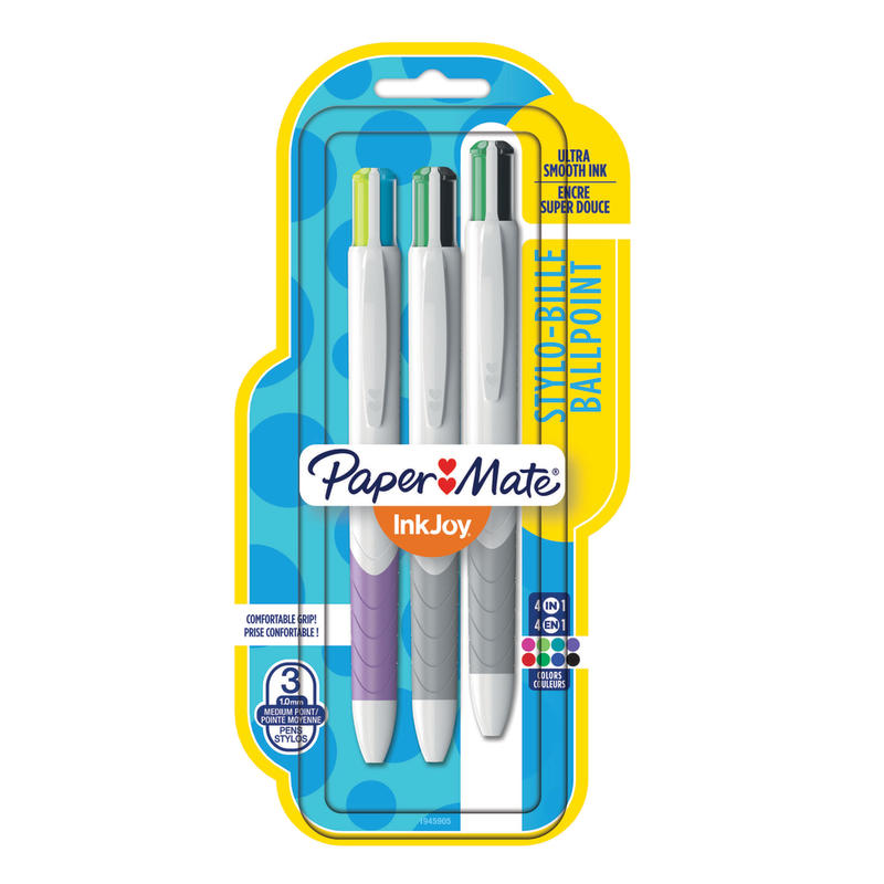 Paper Mate InkJoy Quatro Retractable Ballpoint Pens, Medium Point, 1.0 mm, White Barrels, Assorted Ink Colors, Pack Of 3 MPN:1945905