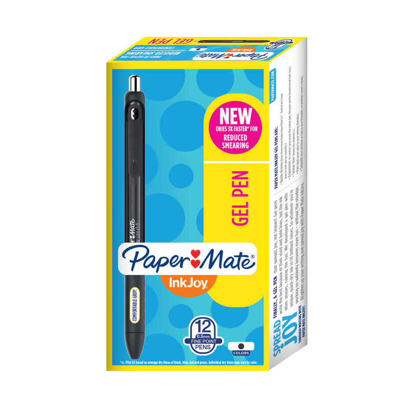 Paper Mate InkJoy Gel Pens, Fine Point, 0.5 mm, Black Barrel, Black Ink, Pack Of 12 MPN:1951720
