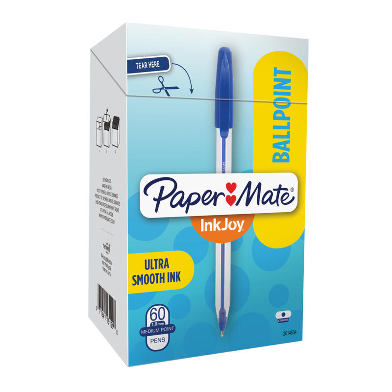 Paper Mate InkJoy 50ST Stick Ballpoint Pens, Medium Point, 1.0 mm, Clear Barrels, Blue Ink, Box of 60 MPN:2014534