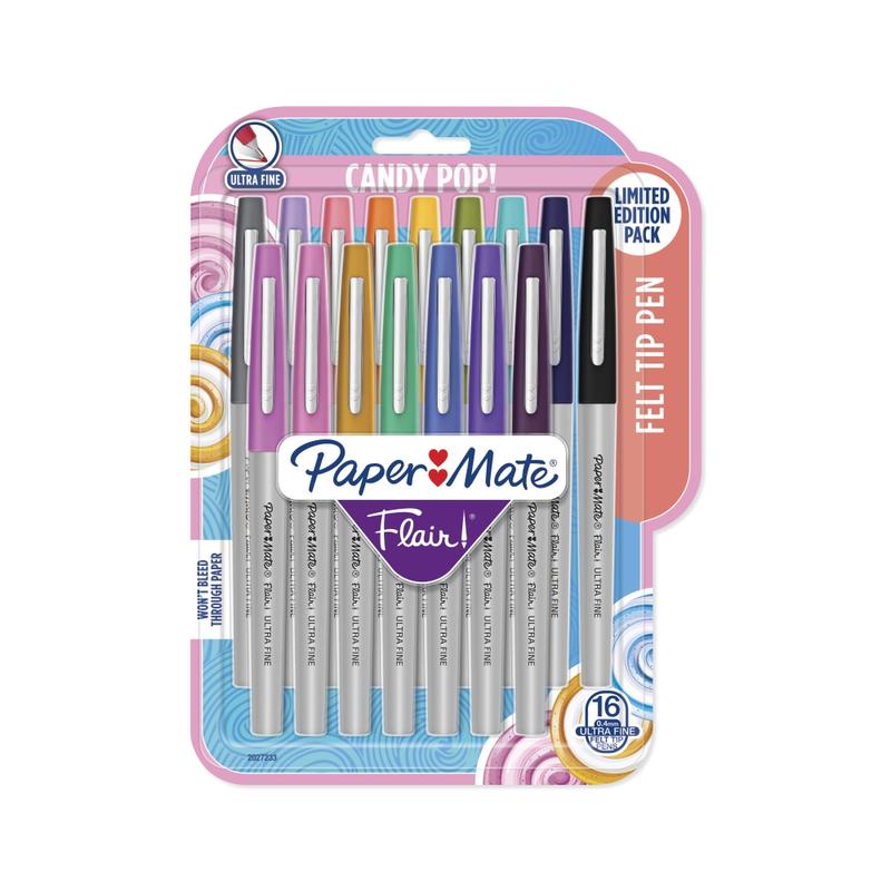 Paper Mate Flair Felt-Tip Pens, Ultra Fine Point, 0.4 mm, Gray Barrel, Assorted Ink, Pack Of 16 MPN:2027233