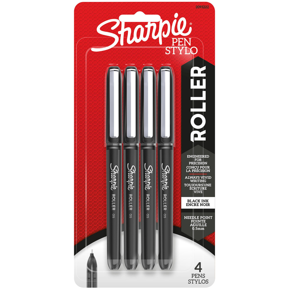 Sharpie Rollerball Pens, Needle Point, 0.5 mm, Black Ink, Pack Of 4 MPN:2093222