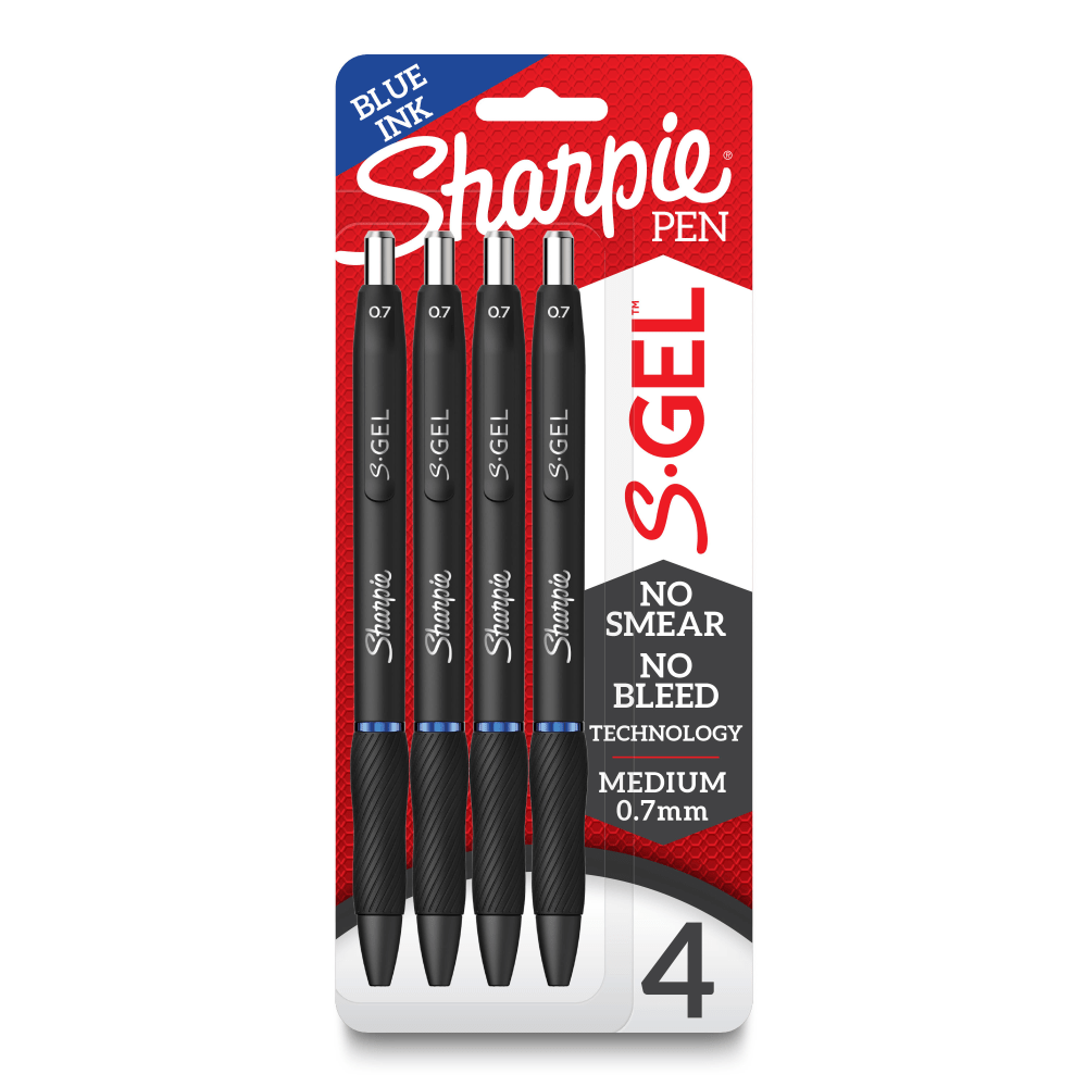Sharpie S Gel Pens, Medium Point, 0.7 mm, Black Barrel, Blue Ink, Pack Of 4 Pens MPN:2096172