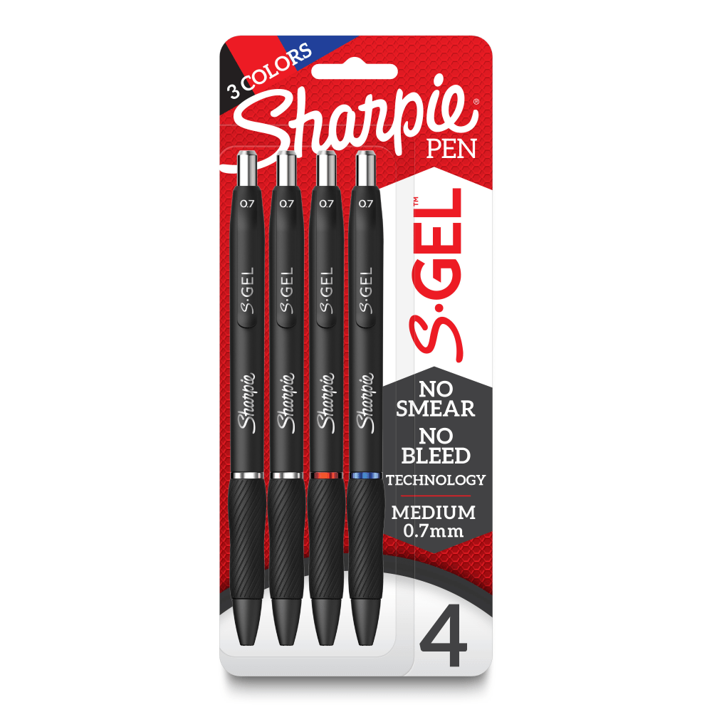 Sharpie S Gel Pens, Medium Point, 0.7 mm, Black Barrel, Assorted Ink, Pack Of 4 Pens MPN:2096174