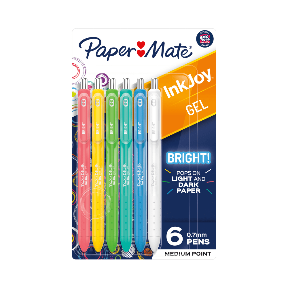 Paper Mate InkJoy Bright Retractable Gel Pens, Medium Point, 0.7 mm, Assorted Barrels, Assorted Ink, Pack Of 6 Pens MPN:2173765