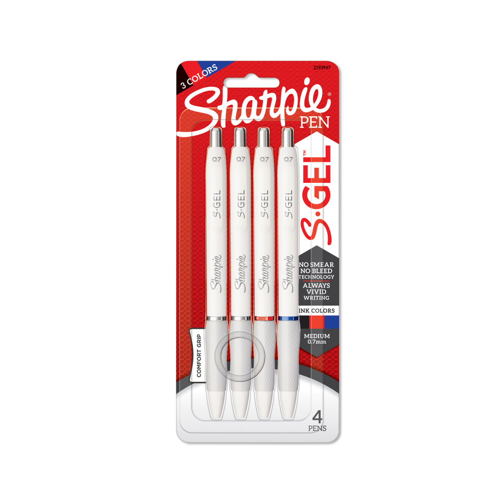 Sharpie S-Gel Fashion Barrel Gel Pens, Medium Point, 0.7 mm, White Barrels, Assorted Ink, Pack Of 4 Pens MPN:2193947