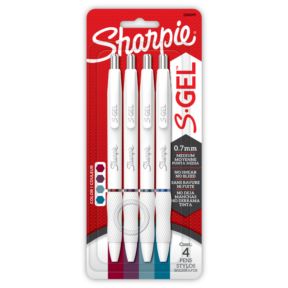 Sharpie S-Gel Retractable Gel Pens, Medium Point, 0.7mm White Barrels, Assorted Jewel Inks, Pack Of 4 Pens MPN:2206099