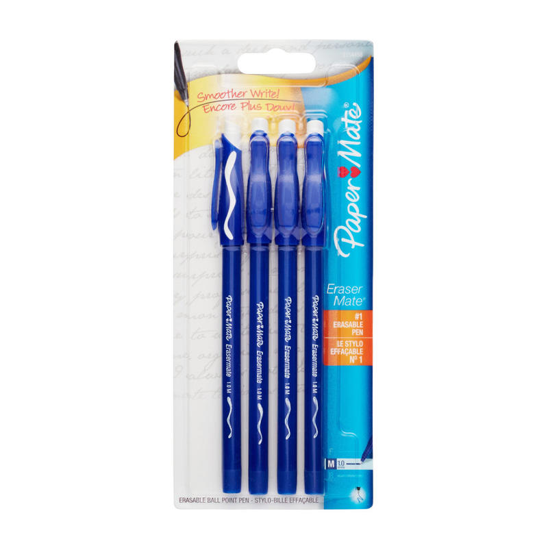 Paper Mate EraserMate Ballpoint Pens, Pack of 4, Medium Point, 1.0 mm, Blue Barrel, Blue Ink MPN:31535