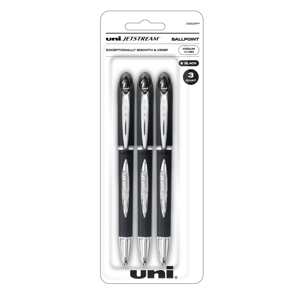 uni-ball JetStream Ballpoint Pens, Bold Point, 1.0 mm, Black Barrel, Black Ink, Pack Of 3 MPN:33928