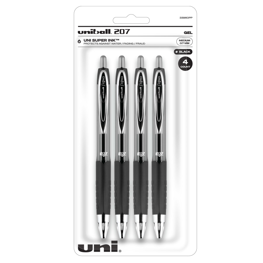 uni-ball Signo Gel 207 Retractable Gel Pens, Medium Point, 0.7 mm, Clear Barrel, Black Ink, Pack Of 4 Pens MPN:33960