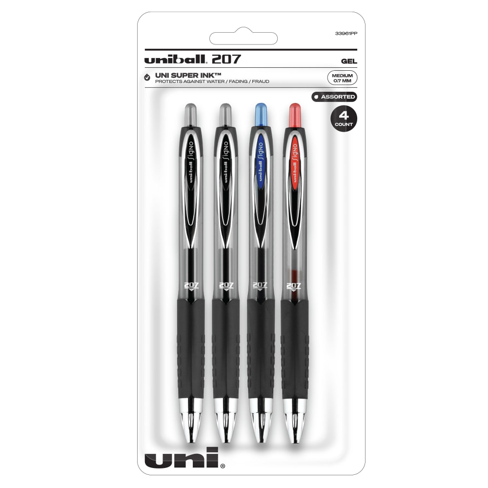 uni-ball 207 Retractable Fraud Prevention Gel Pens, Medium Point, 0.7 mm, Black Barrels, Assorted Ink Colors, Pack Of 4 Pens MPN:33961