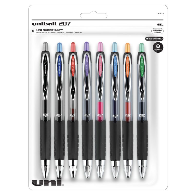 uni-ball 207 Retractable Fraud Prevention Gel Pens, Medium Point, 0.7 mm, Black Barrels, Assorted Ink Colors, Pack Of 8 MPN:40110
