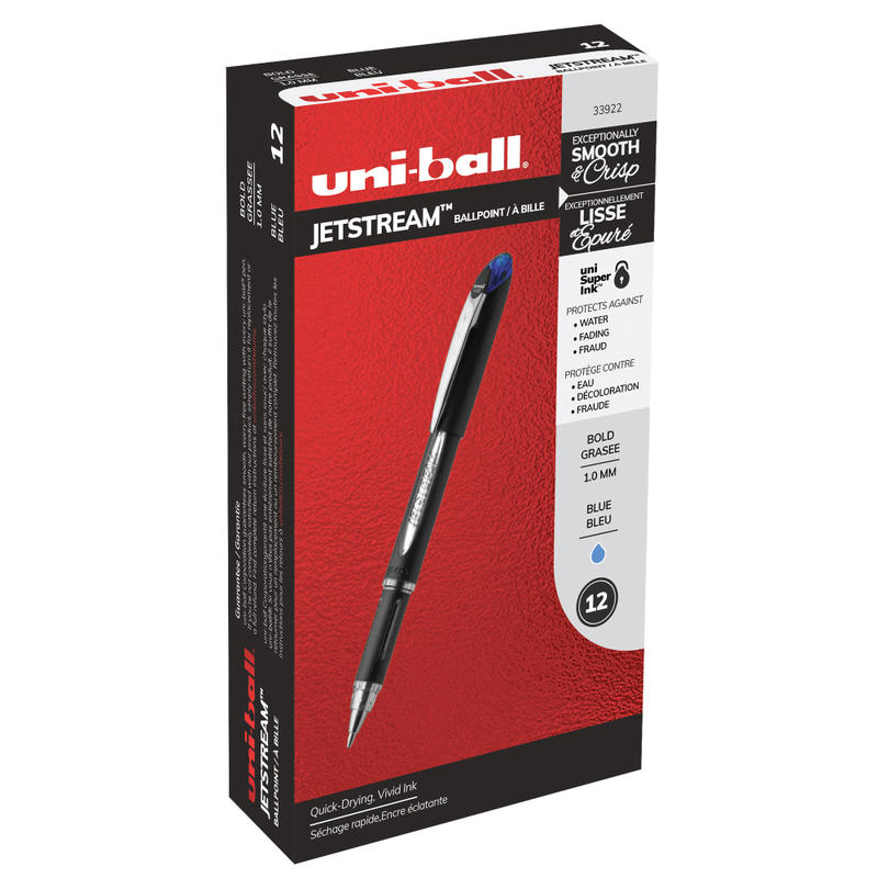 uniball Jetstream Ballpoint Pens, Medium Point, 1.0 mm, Black Barrel, Blue Ink, Box Of 12 MPN:528648DZ