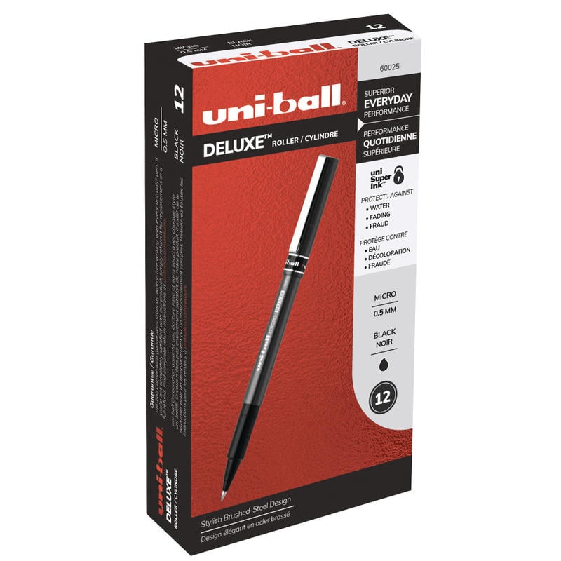 uni-ball Deluxe Rollerball Pens, Micro Point, 0.5 mm, Charcoal Barrel, Black Ink, Pack Of 12 MPN:60025