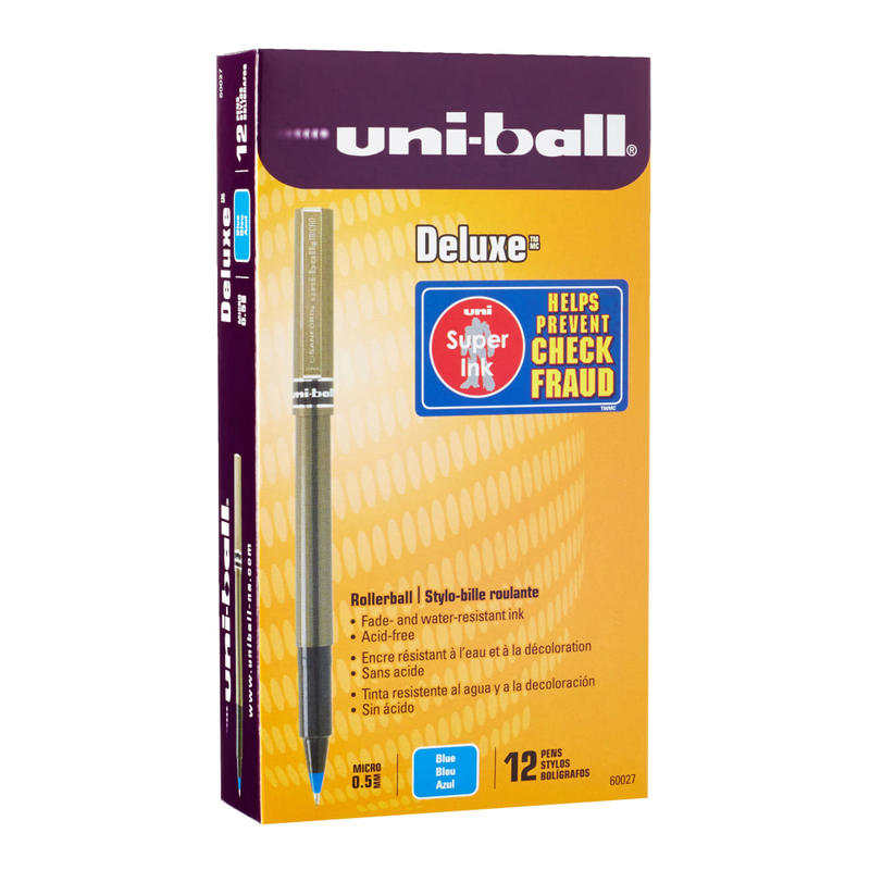 uni-ball Deluxe Rollerball Pens, Micro Point, 0.5 mm, Charcoal Barrel, Blue Ink, Pack Of 12 MPN:UBC60027