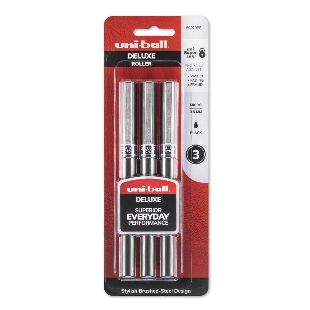 uni-ball Deluxe Rollerball Pens, Micro Point, 0.5 mm, Graphite Barrel, Black Ink, Pack Of 3 MPN:60029