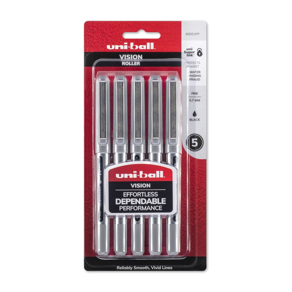 uni-ball Vision Liquid Ink Rollerball Pens, Fine Point, 0.7 mm, Silver Barrel, Black Ink, Pack Of 5 Pens MPN:60051