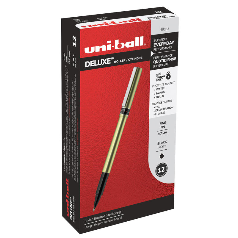 uni-ball Deluxe Rollerball Pens, Fine Point, 0.7 mm, Gold Barrel, Black Ink, Pack Of 12 MPN:60052