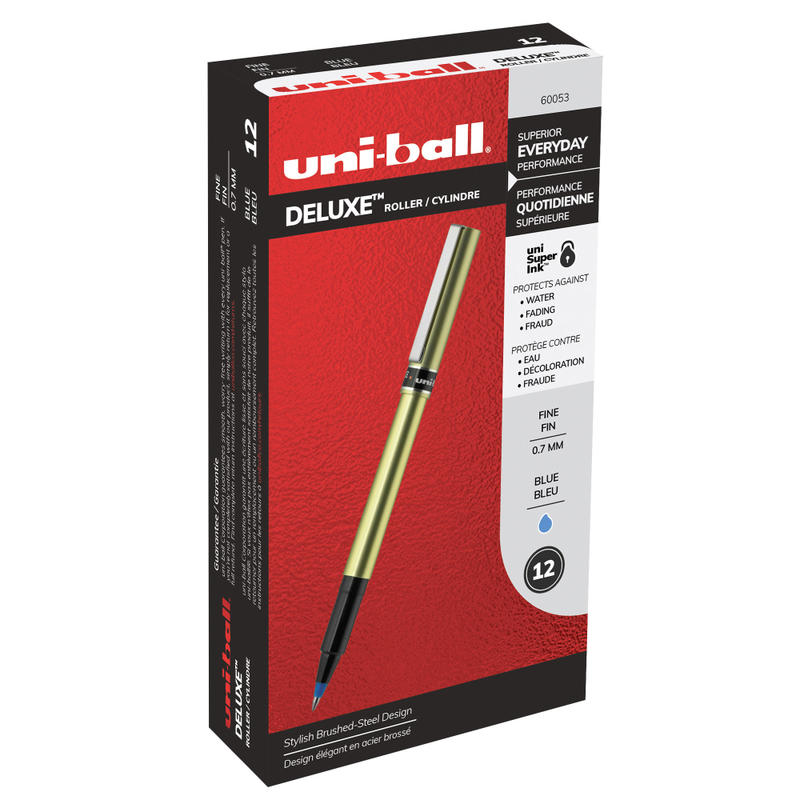 uni-ball Deluxe Rollerball Pens, Fine Point, 0.7 mm, Gold Barrel, Blue Ink, Pack Of 12 MPN:60053