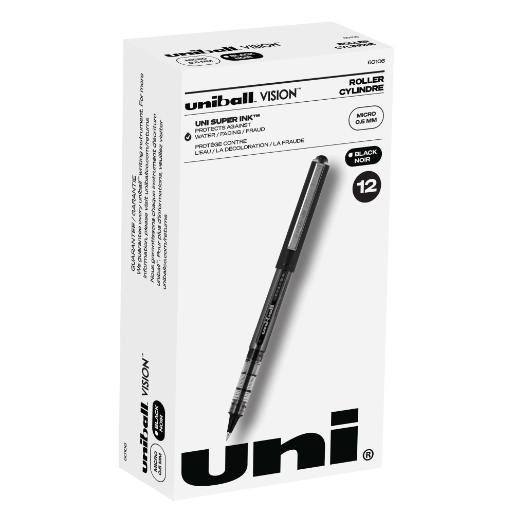 uni-ball Vision Rollerball Pens, Micro Point, 0.5 mm, Black Barrel, Black Ink, Pack Of 12 MPN:60106