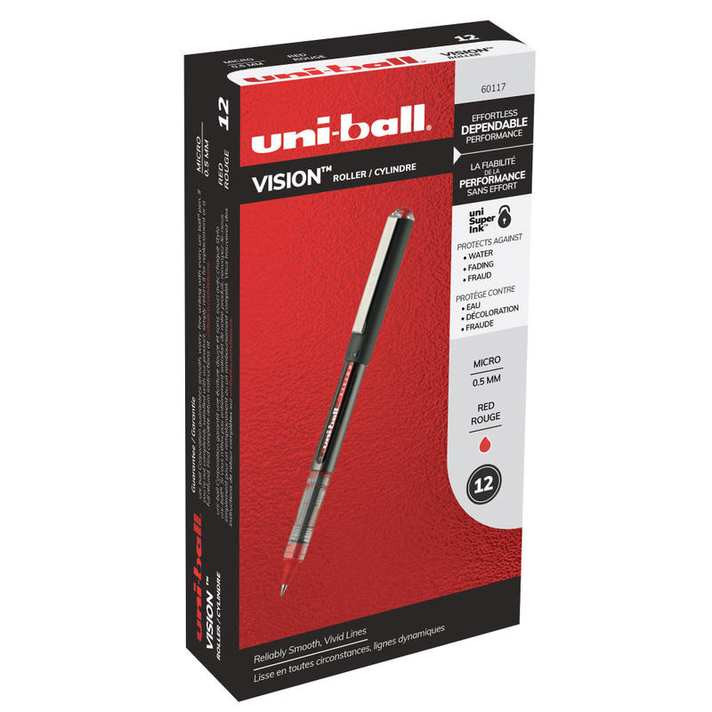 uni-ball Vision Rollerball Pens, Micro Point, 0.5 mm, Black Barrel, Red Ink, Pack Of 12 MPN:60117