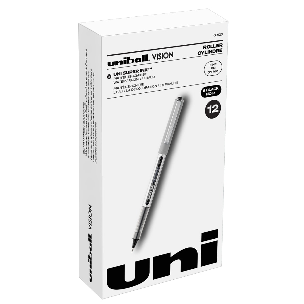 uni-ball Vision Rollerball Pens, Fine Point, 0.7 mm, Gray Barrel, Black Ink, Pack Of 12 MPN:60126
