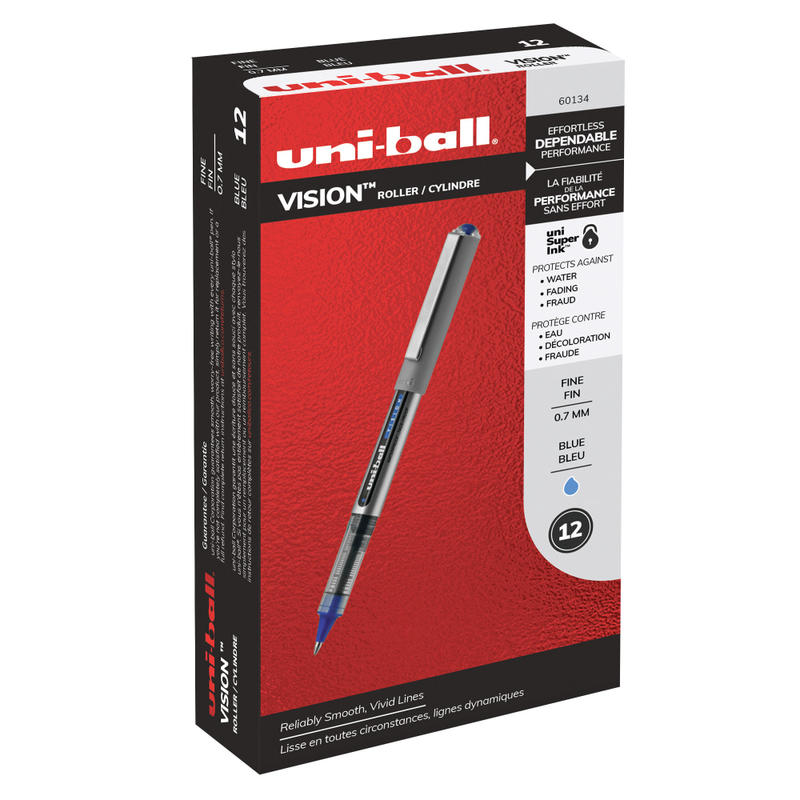 uni-ball Vision Rollerball Pens, Fine Point, 0.7 mm, Gray Barrel, Blue Ink, Pack Of 12 MPN:60134