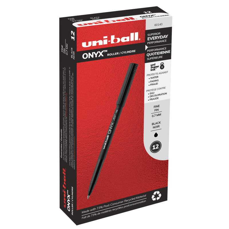 uni-ball Onyx Rollerball Pens, Fine Point, 0.7 mm, Black Barrel, Black Ink, Pack Of 12 MPN:60143