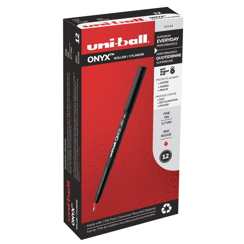 uni-ball Onyx Rollerball Pens, Fine Point, 0.7 mm, Black Barrel, Red Ink, Pack Of 12 MPN:60144